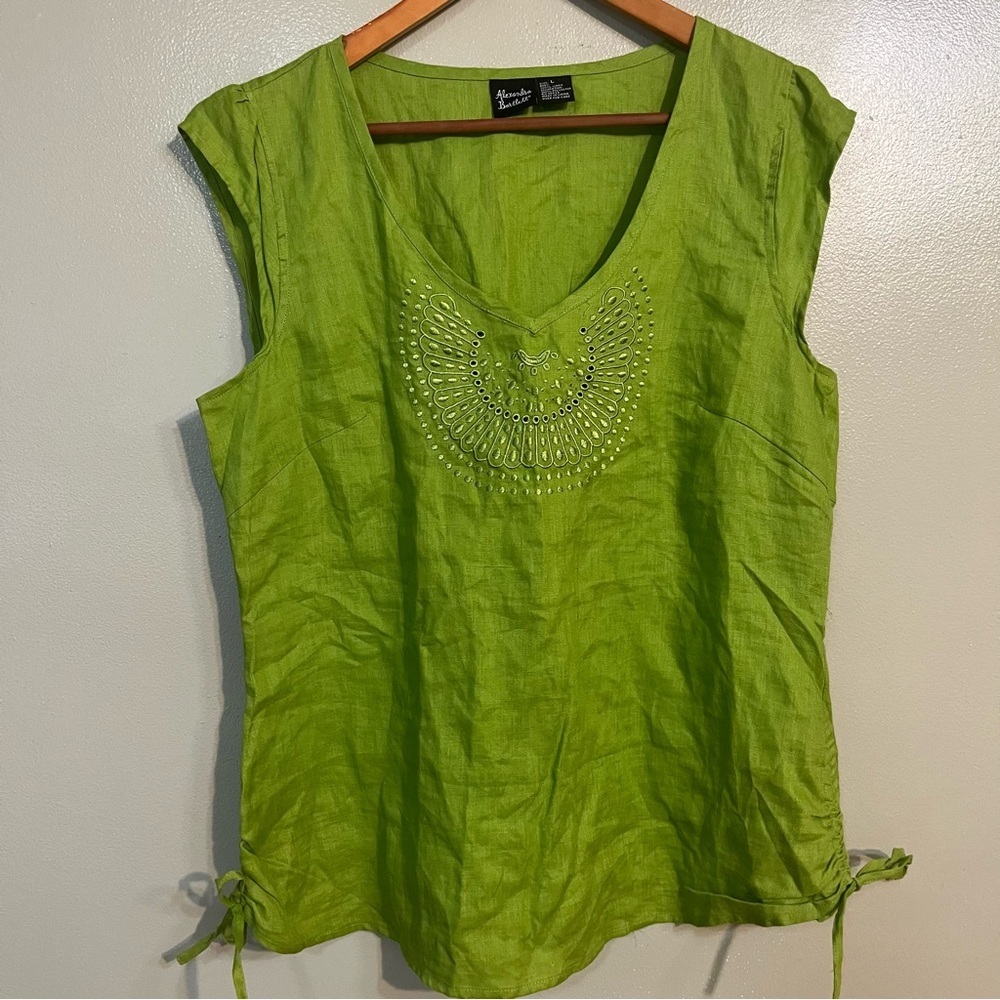 Alexandra Bartlett Linen Green Embroidered Women's Top Size L